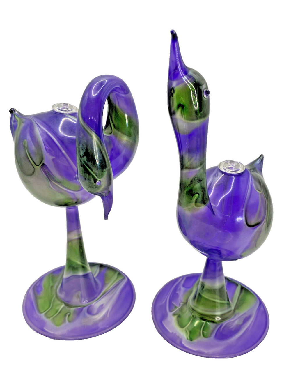 VTG Hand Blown Iridescent Purple Green Art Glass Bird Bottle w/ Stopper Dabber